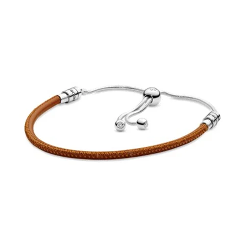 دستبند دقایق کشویی چرم برنزه طلایی پاندورا