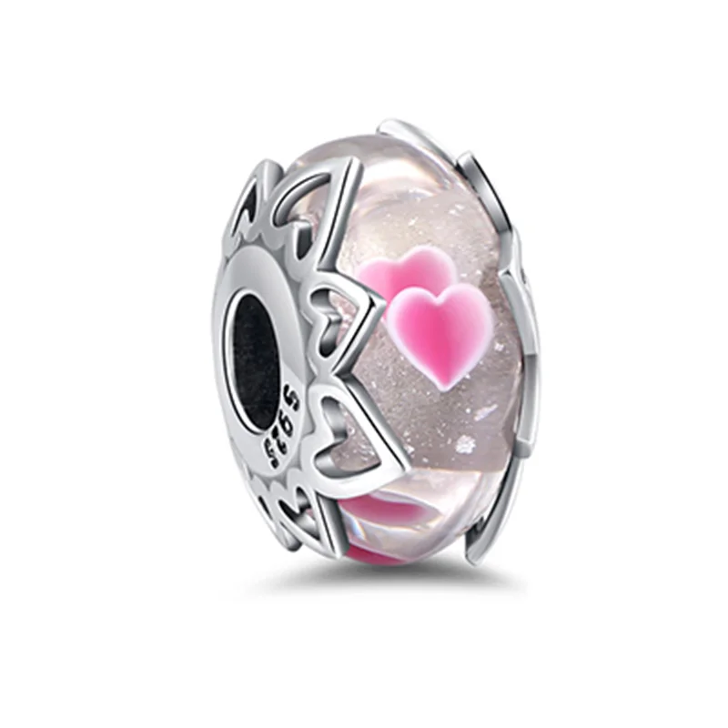 چارم مهرهای طرح قلبهای صورتی کریستال مورانو پاندورا