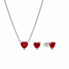ست گردنبند و گوشواره قلب درخشان قرمز پاندورا